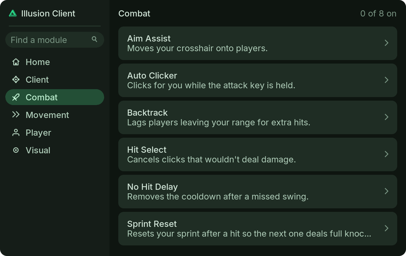 The Illusion Client click GUI, Panel style, showing the Combat category and its modules.